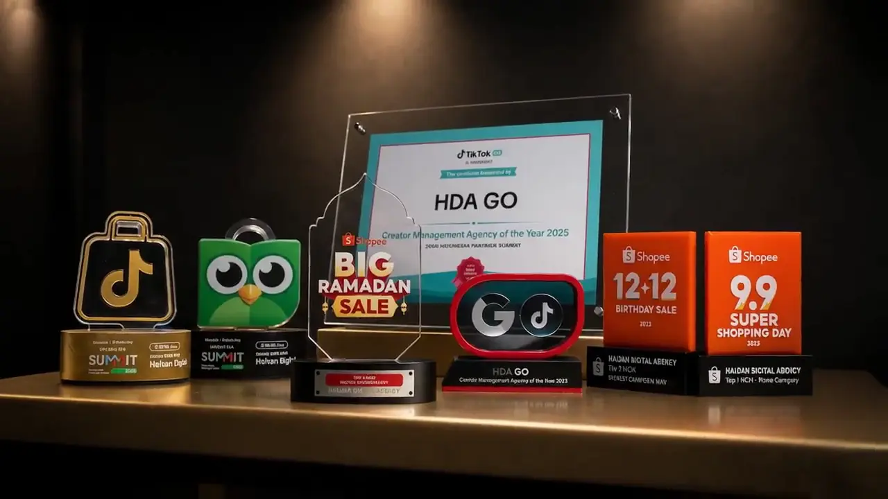 Award trophies from Tokopedia x TikTok Shop Indonesia Summit 2026, Shopee Big Ramadan Sale, Shopee 12.12, Shopee 9.9 Super Shopping Day and TikTok GO Creator Management Agency of the Year 2025